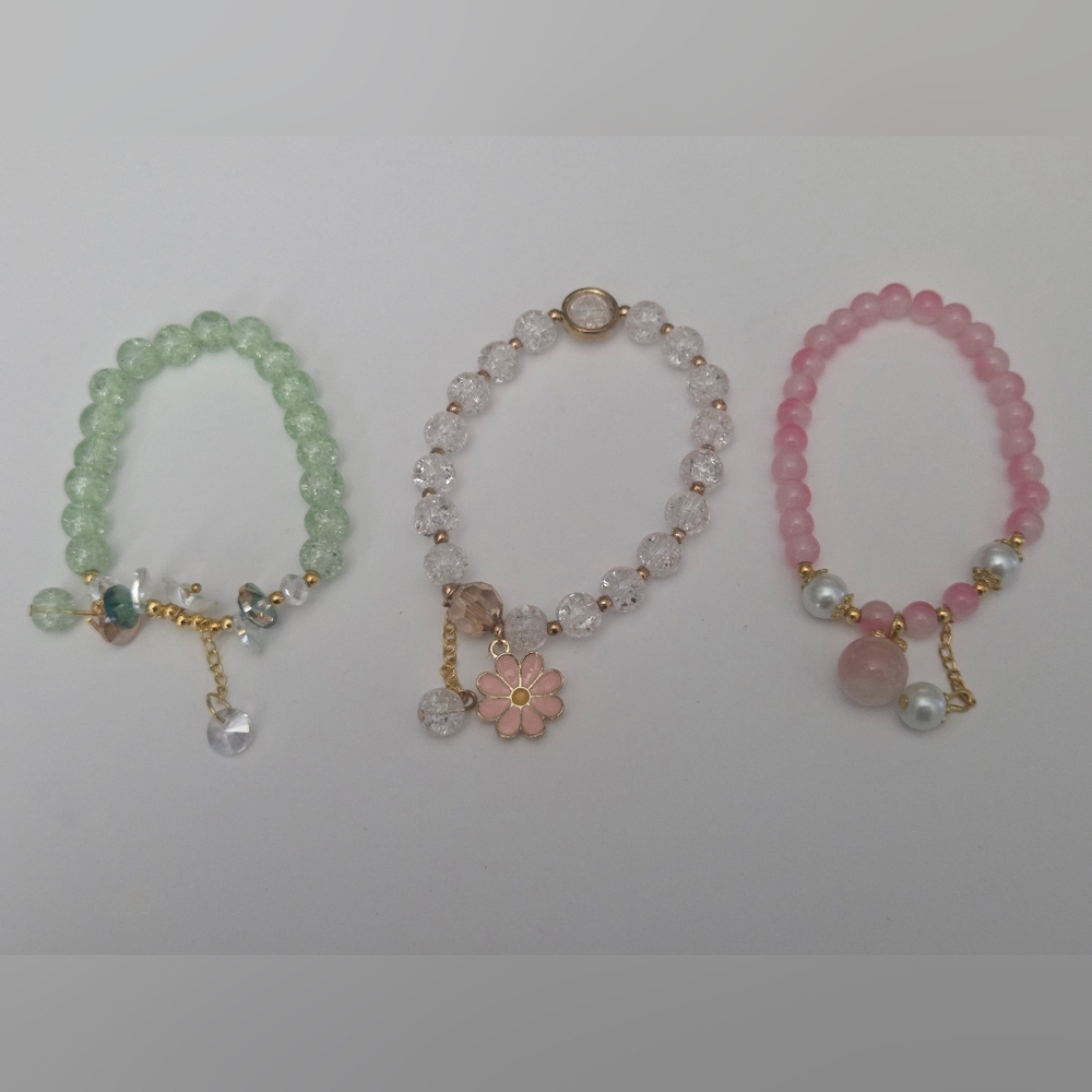 Clear Beaded Stretch Bracelet with Pink Flower Charm